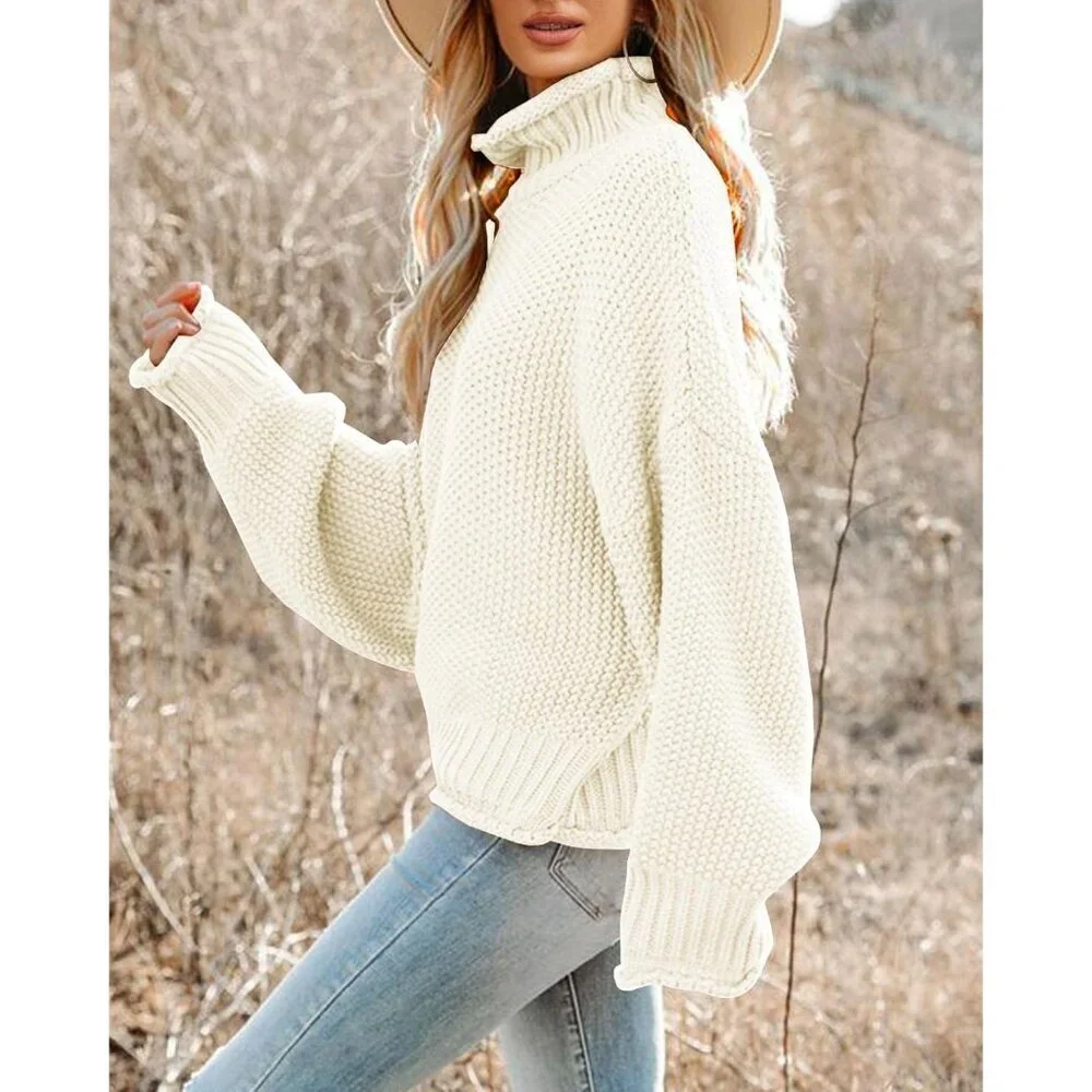 Women’s Oversized Turtleneck Sweater Chunky Knit Batwing Long Sleeve Pullover